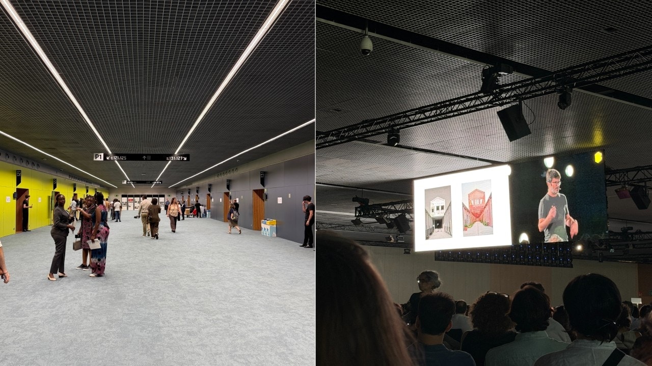 Split view of the UIA 2026 exhibition corridor and a professional lecture.