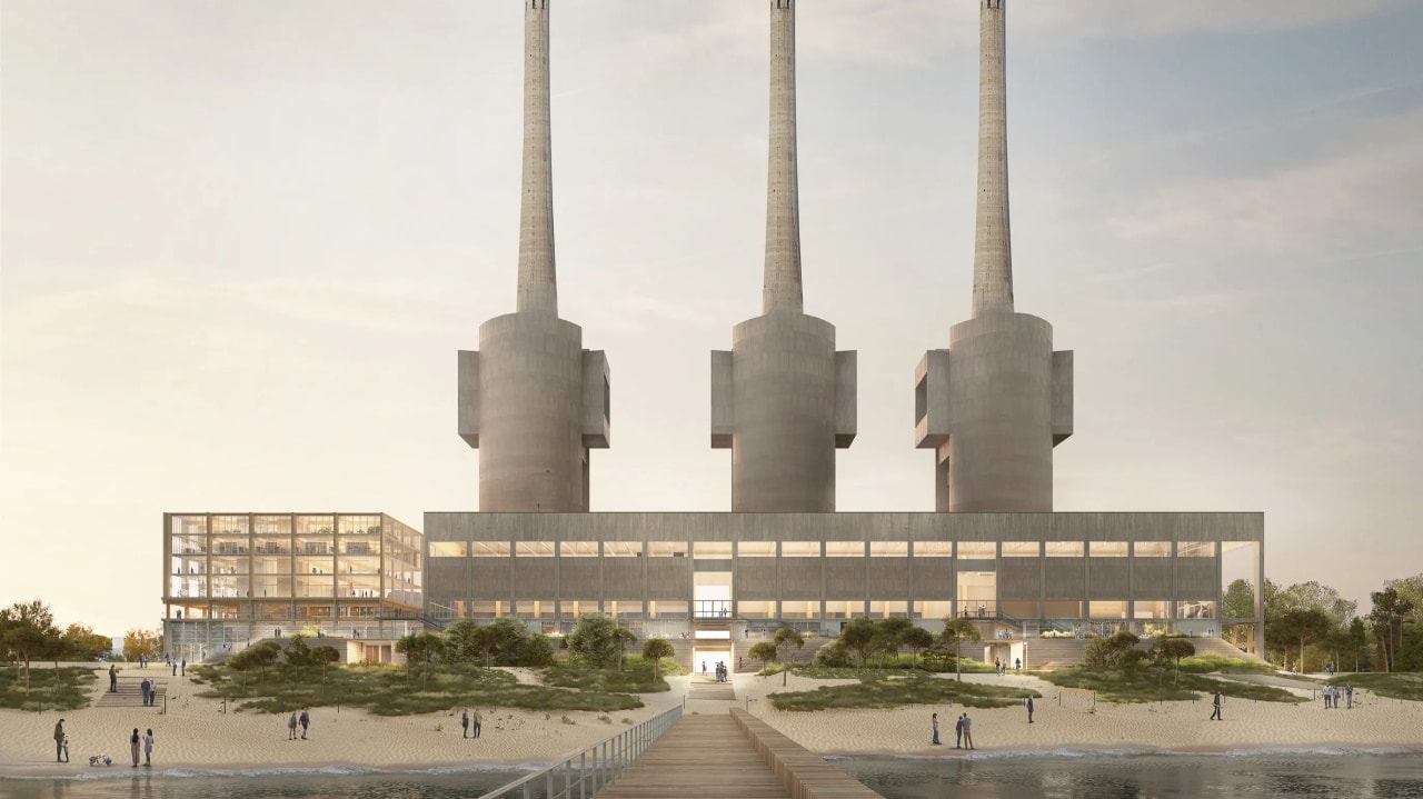Architectural rendering of Barcelona’s Three Chimneys power plant restored as a coastal public destination.