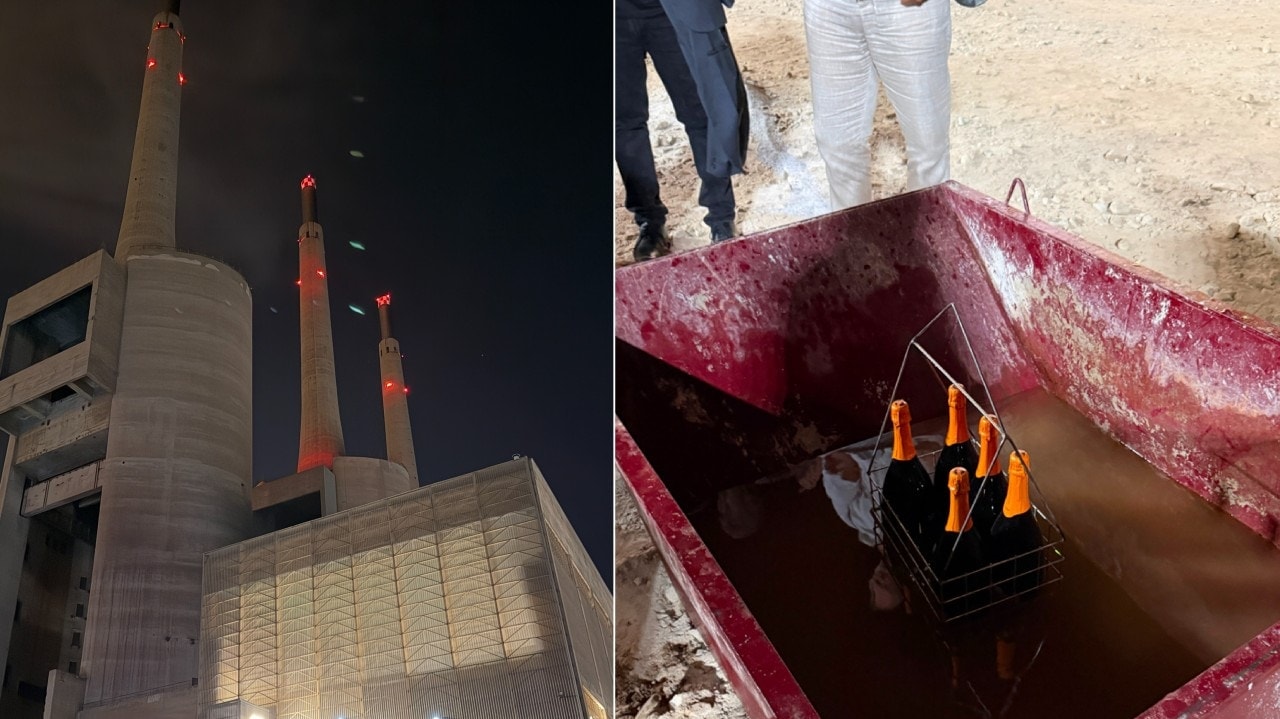 Split view of the Three Chimneys power plant at night and machinery used in the UIA 2026 opening performance.