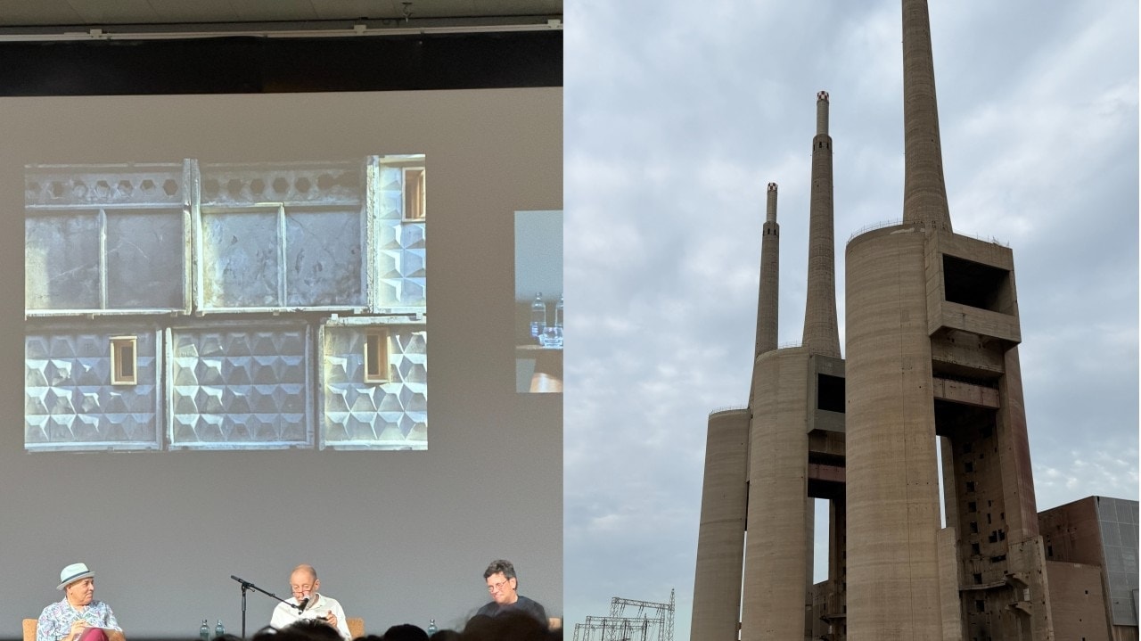 UIA 2026 panel discussion beside a view of Barcelona’s Three Chimneys power plant.
